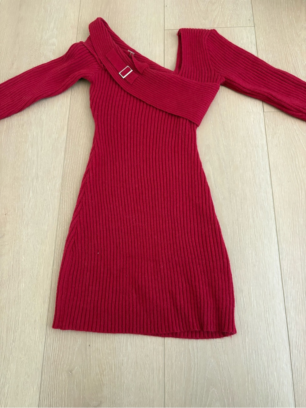 Red One-Shoulder Ribbed Knit Dress